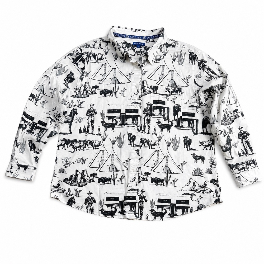 Katie Kime Marfa Toile Western Cowboy Button Down Shirt XL White Black Prada